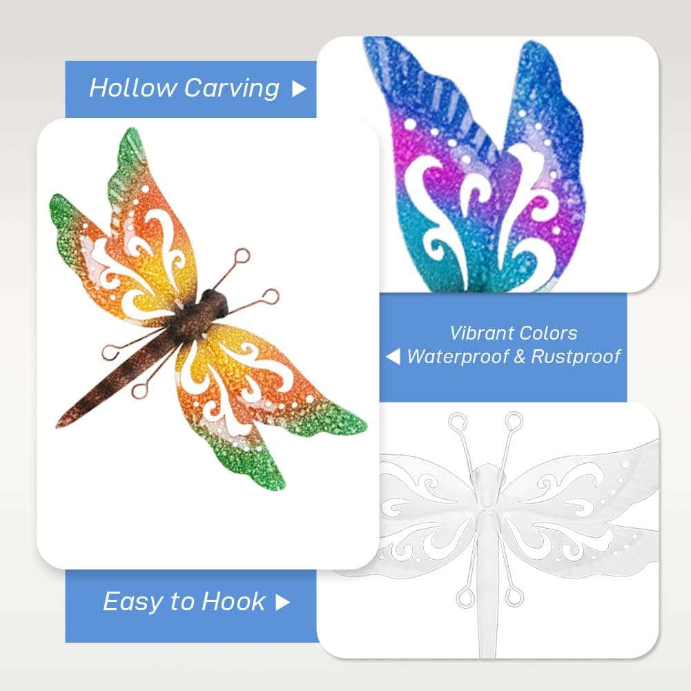 Metal Dragonfly Wall Decor, 3 Pack Colorful Dragonfly Outdoor Decor, Metal Outdoor Wall Art for Garden, Patio, Yard, Fence, Outside