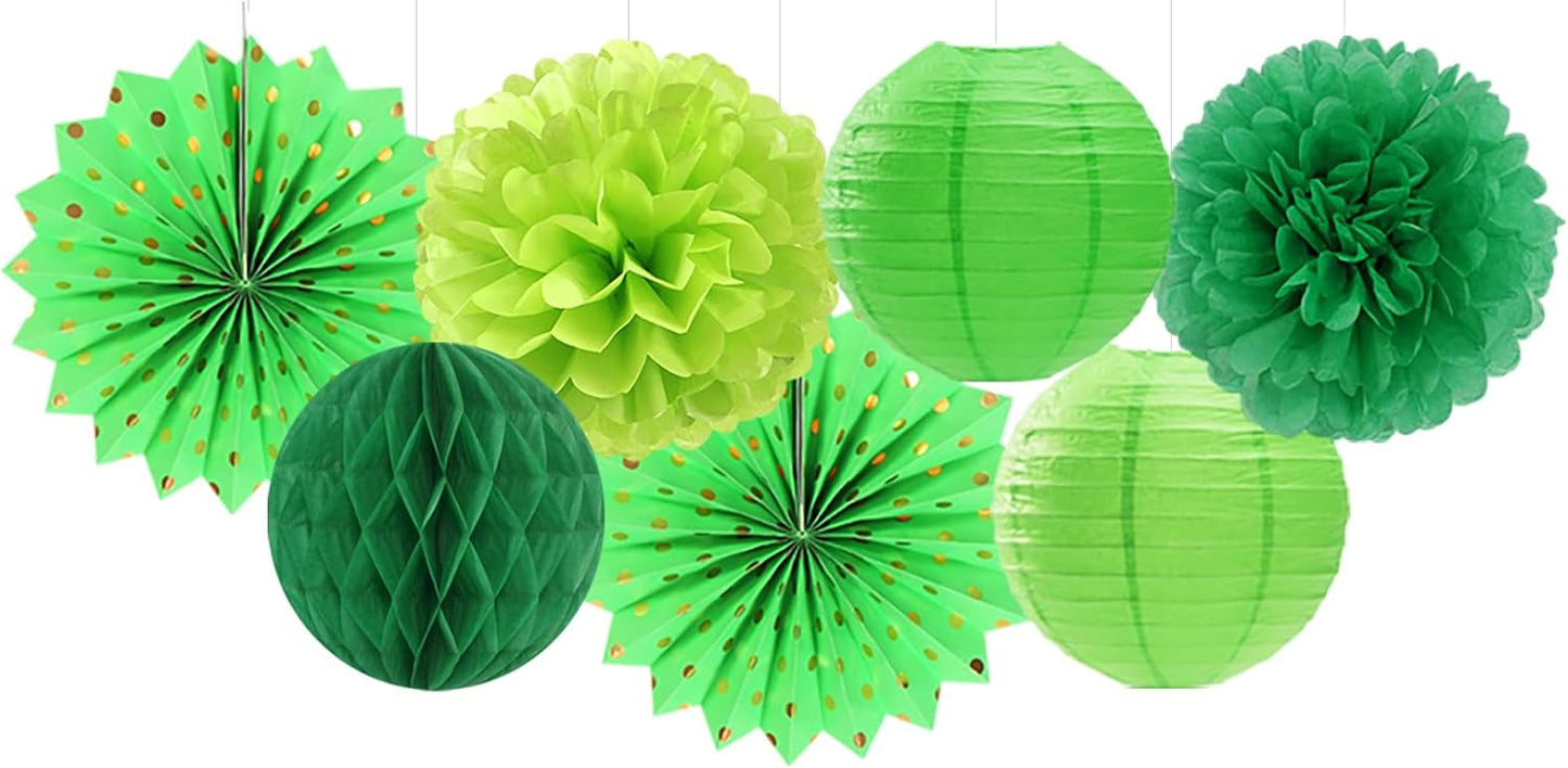 Green Party Decorations Streamers Lanterns - 14pcs St Patricks Day Paper Lanterns Fan,Tissue Pom Poms,Honeycomb Spring Summer Birthday Wedding Engagement Baby Shower Decor Ouruola