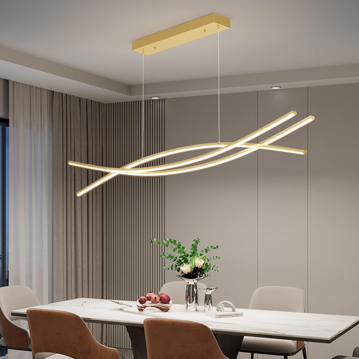 Modern Chandelier, Linear Pendant Light LED Dimmable Hanging Light Fixture, 3000K-6000K with Remote Control (Gold, 47IN)