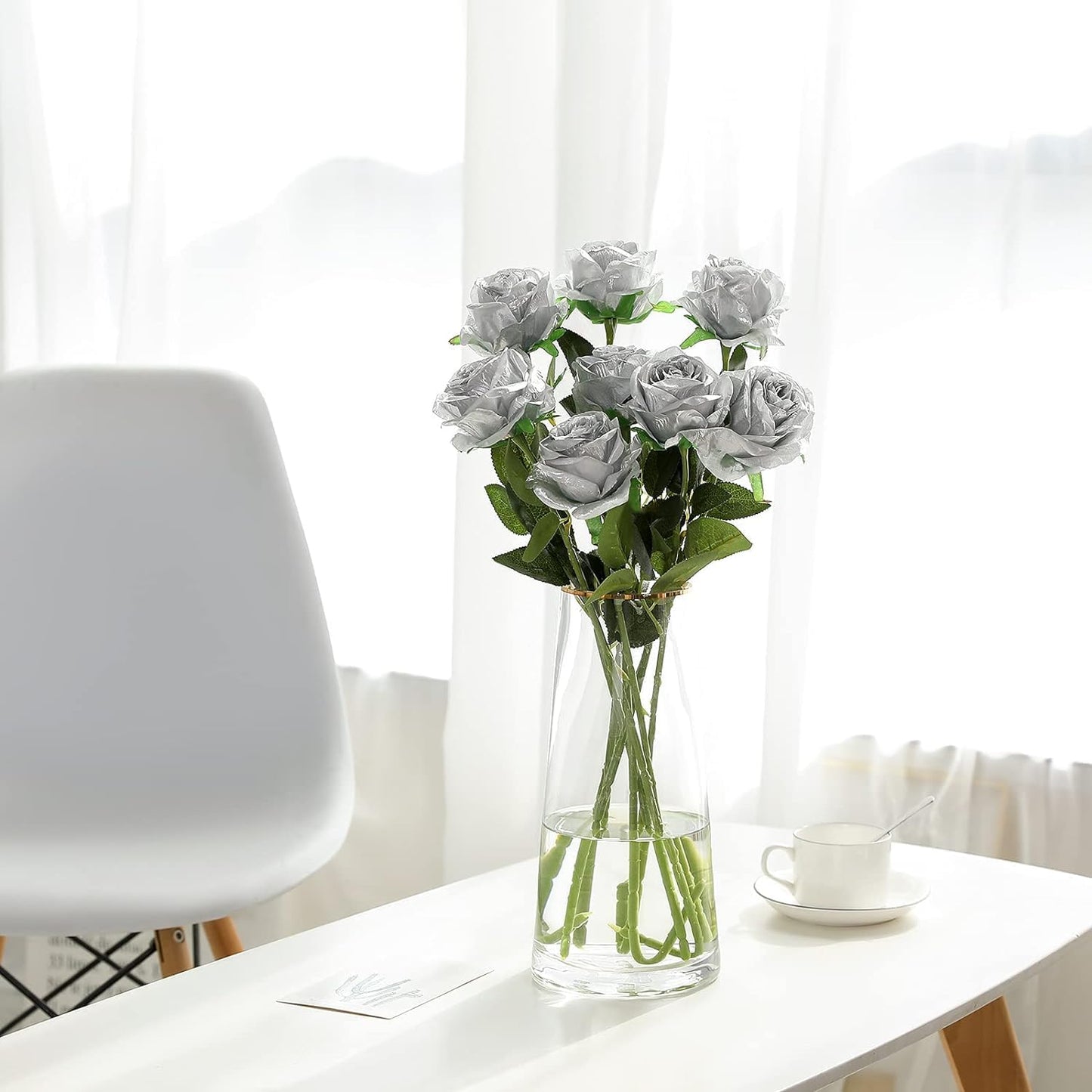 Silver Fake Roses Artificial Flowers - 10 Pcs Fake Artificial Roses Silk Flowers with Stems for Home Wedding Hotel Office Centerpiece Decor