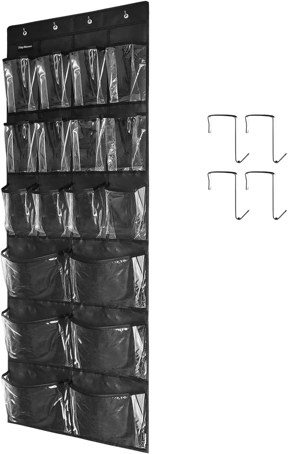 Extra Large Hanging Over Door Shoe Organizer, Closet Shoe Rack - 12+6 Crystal Pockets, 4 Hooks, Black (59"x 21.6")