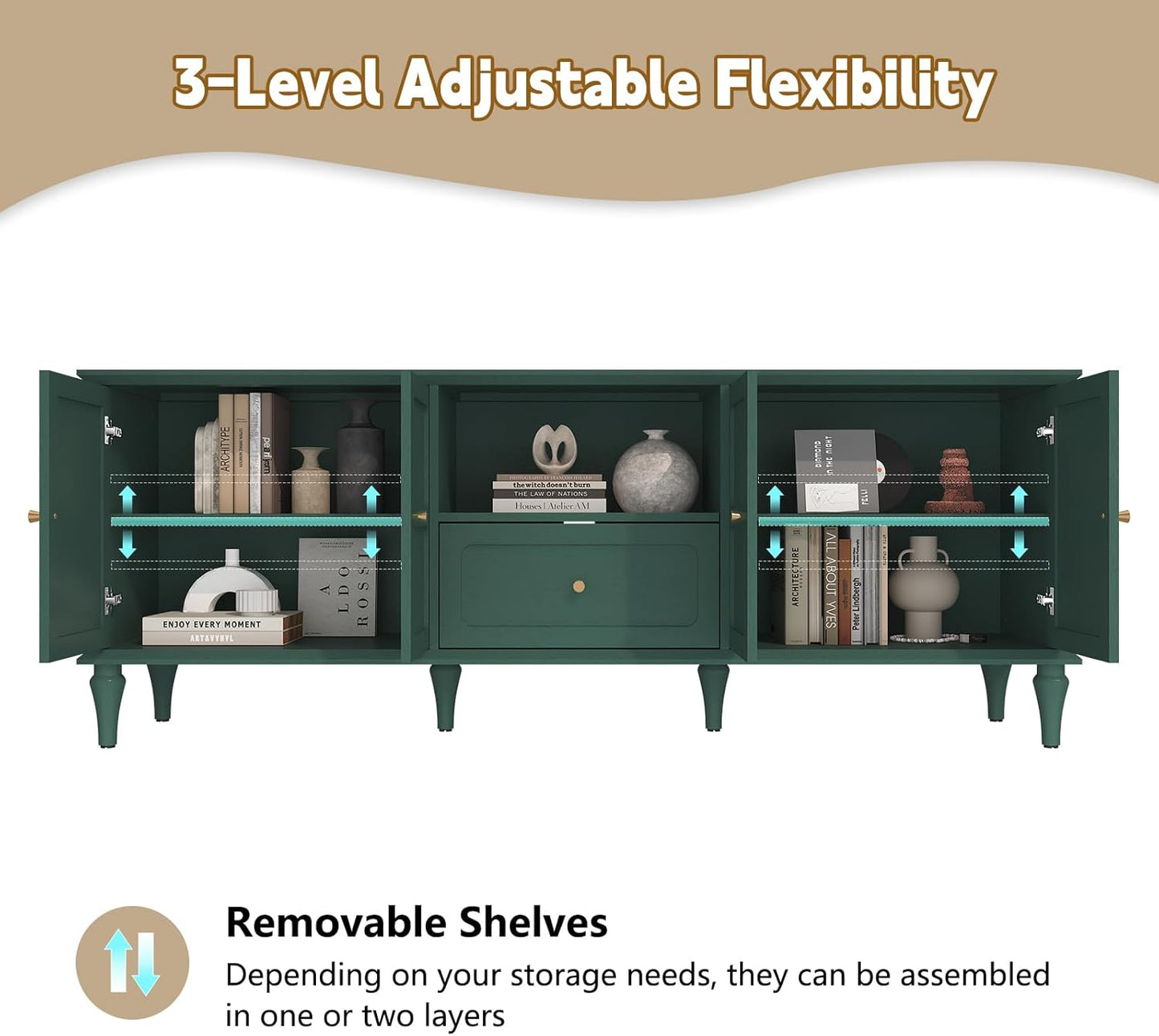 ARTPOWER 67'' Mid-Century Modern TV Stand with Storage Drawer and Doors, Long TV Stand with Adjustable Shelves for 75 Inch TV for Living Room, Bedroom, Green