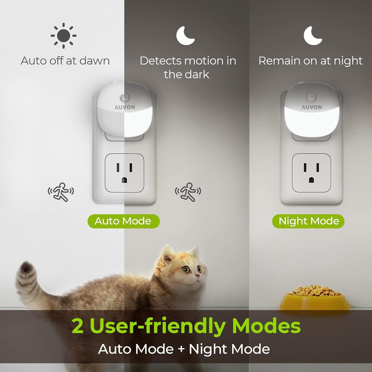 AUVON Plug in Night Light with Motion Sensor and Dusk to Dawn Sensor, Mini Cool White LED Nightlight with 1-50 lm Adjustable Brightness for Bathroom, Hallway, Stairs, Bedroom, Kitchen, 4 Packs