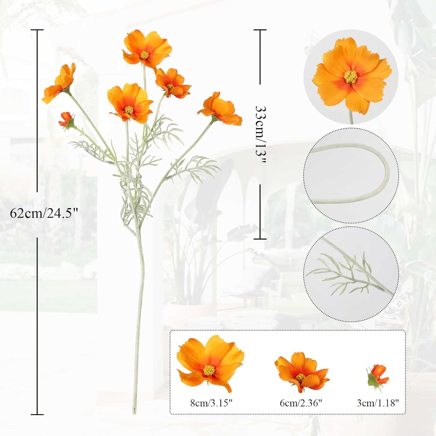 IPOPU Orange Silk Flowers Artificial Daisies 5PCS Cosmos Artificial Flowers Fake Wildflowers Daisy Flowers with Stems for Home Decor Indoor Floral Arrangements Centerpiece (Orange)