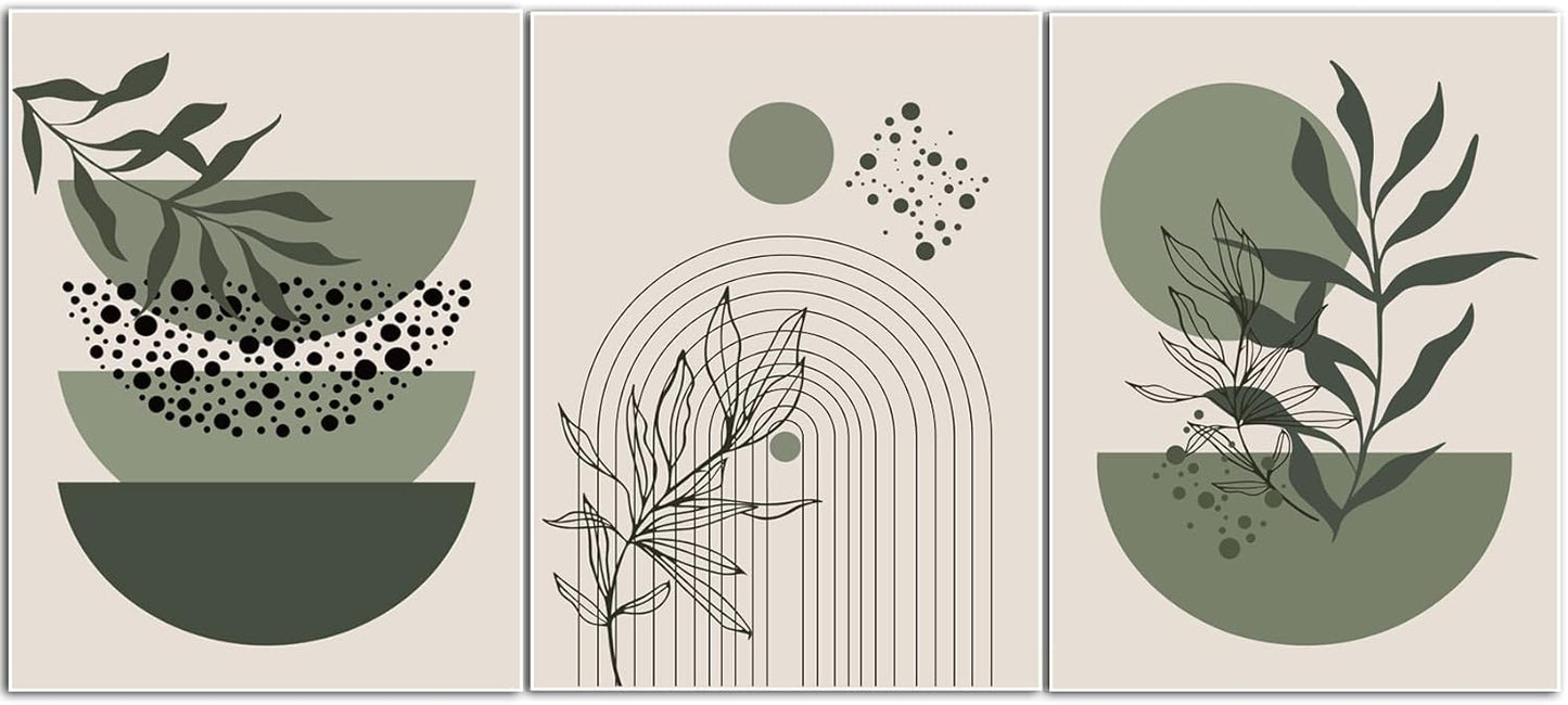 Sage Green Boho Wall Art Set of 3 Abstract Minimalist Geometric Line Poster Green Botanical Leaf Canvas Prints Modern Artwork Painting Decor for Living Room Bedroom Office 12x16 in Unframed