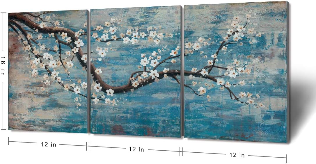 3 Piece Wall Art Hand-Painted Framed Flower Oil Painting On Canvas Gallery Wrapped Modern Floral Artwork for Living Room Bedroom Décor Teal Blue Lake Ready to Hang 12"x16"x3 panel