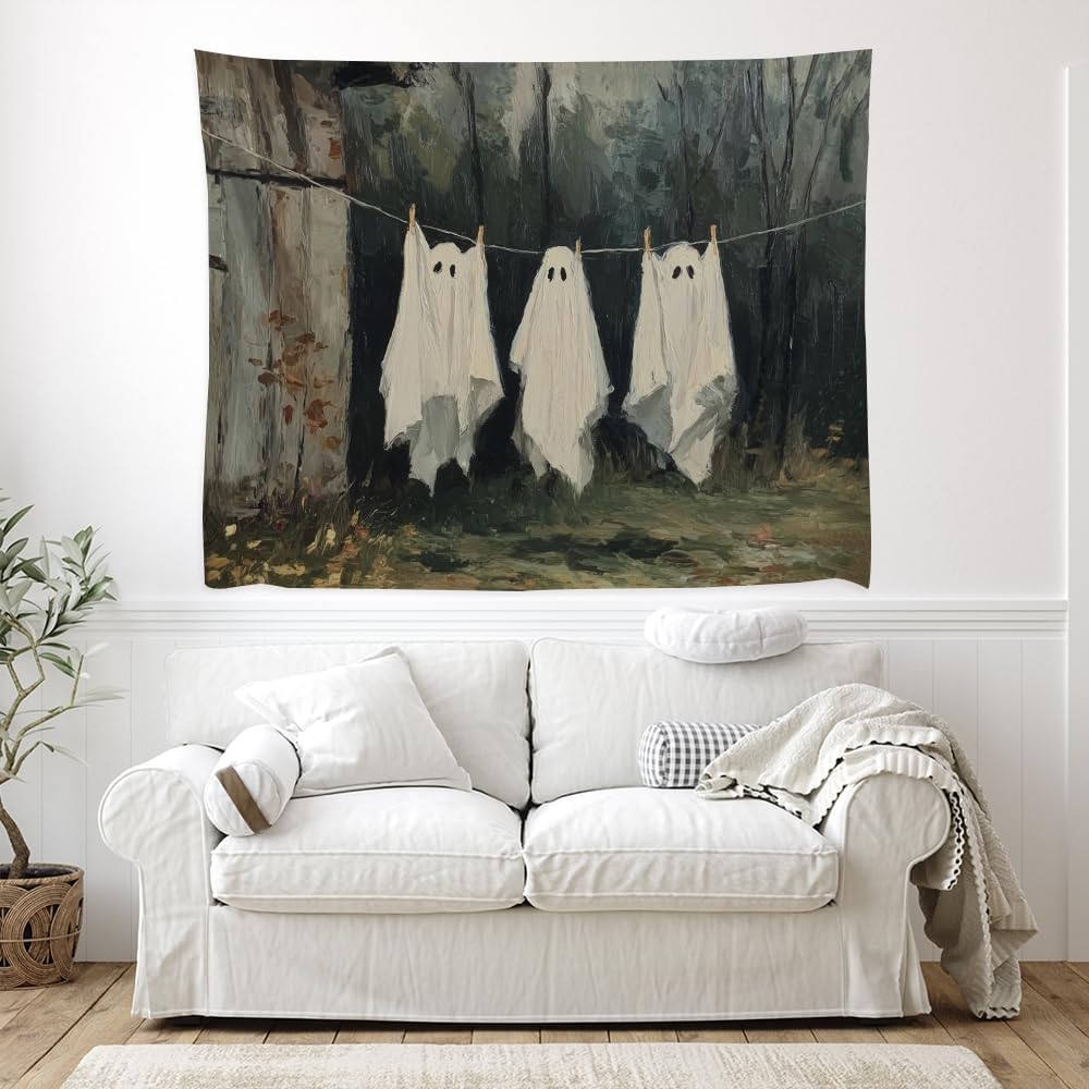 Vintage Halloween Tapestry Funny Ghosts on Clothesline Tapestry Wall Hanging Farmhouse Gothic Room Decor Spooky Ghost Prints for Dark Academia Halloween Party House Decoration Tapestries 60x80inch