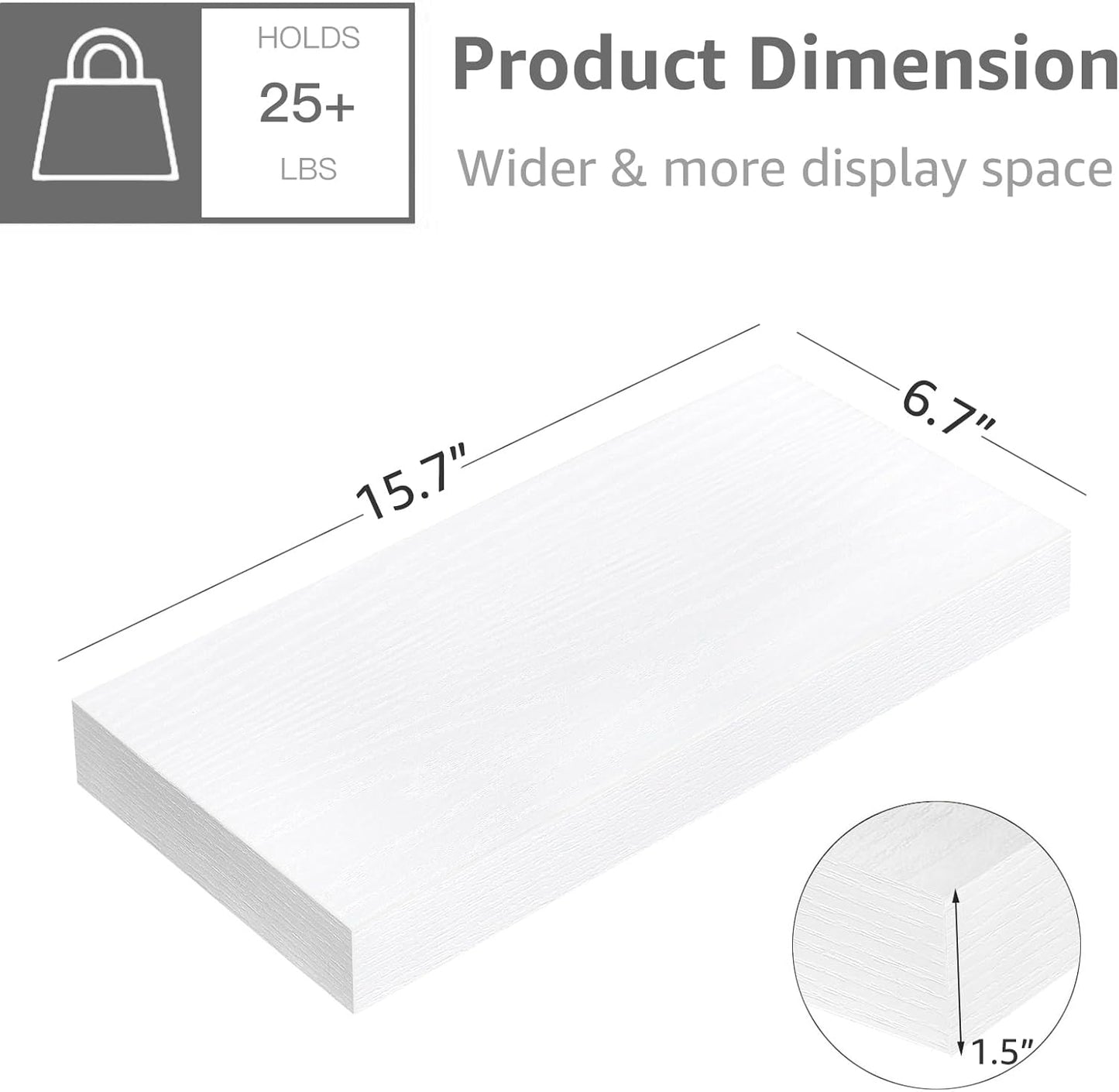 QEEIG Floating Shelf for Wall Bathroom Shelves Bedroom Kitchen Living Room Farmhouse Small Book Shelf 16 inch Set of 1, White (015-W1)