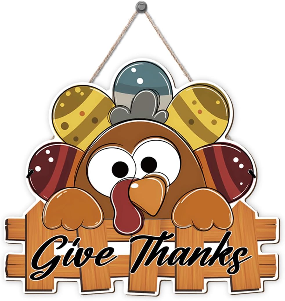 Give Thanks Sign Turkey Front Door Decor Thanksgiving Day Wood Door Hanger, Fall Wooden Thankful Wreath Hanging Decoration for Outdoor Outside Porch, Housewarming Gift