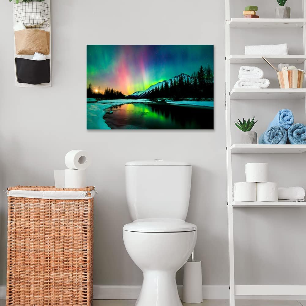 Aurora Borealis Canvas Wall Art Northern Lights Canvas Print Painting for Living Room Snowy-Mountains-Landscape Poster Picture Wooden Framed Prints Ready to Hang (20.00"x30.00")