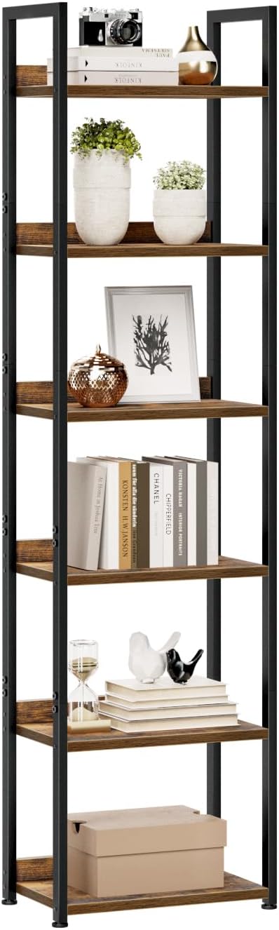 NUMENN Narrow Bookshelf, 6 Tier Bookshelves, Home Office Bookcase Shelf Storage Organizer, Free Standing Storage Shelving Unit for Bedroom, Living Room and Home Office, Vintage