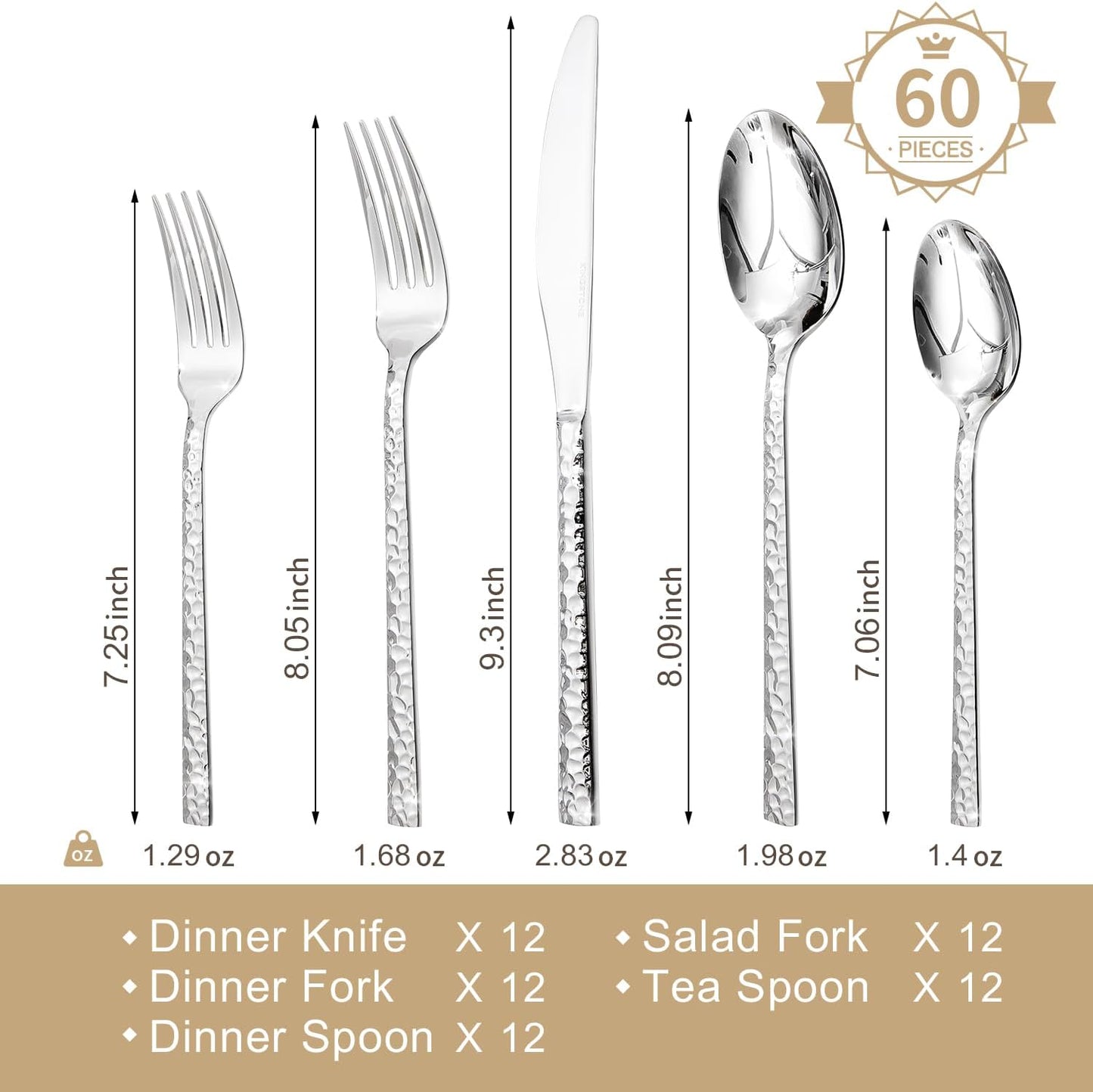 KINGSTONE 60 Piece Hammered Silverware Set, 18/10 Stainless Steel Flatware Set for 12, Cutlery Set for Home, Party, Wedding, Mirror Polished Dishwasher Safe