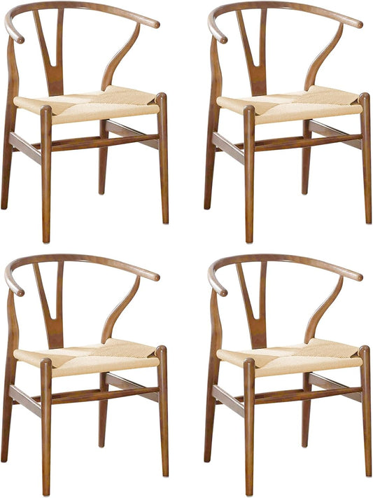 Wishbone Chair Natural Solid Wood Dining Chair/Hans Vegner Y Chair Rattan and Wood Accent Armrest Chairs Set of 4(Ash Wood - Walnut)