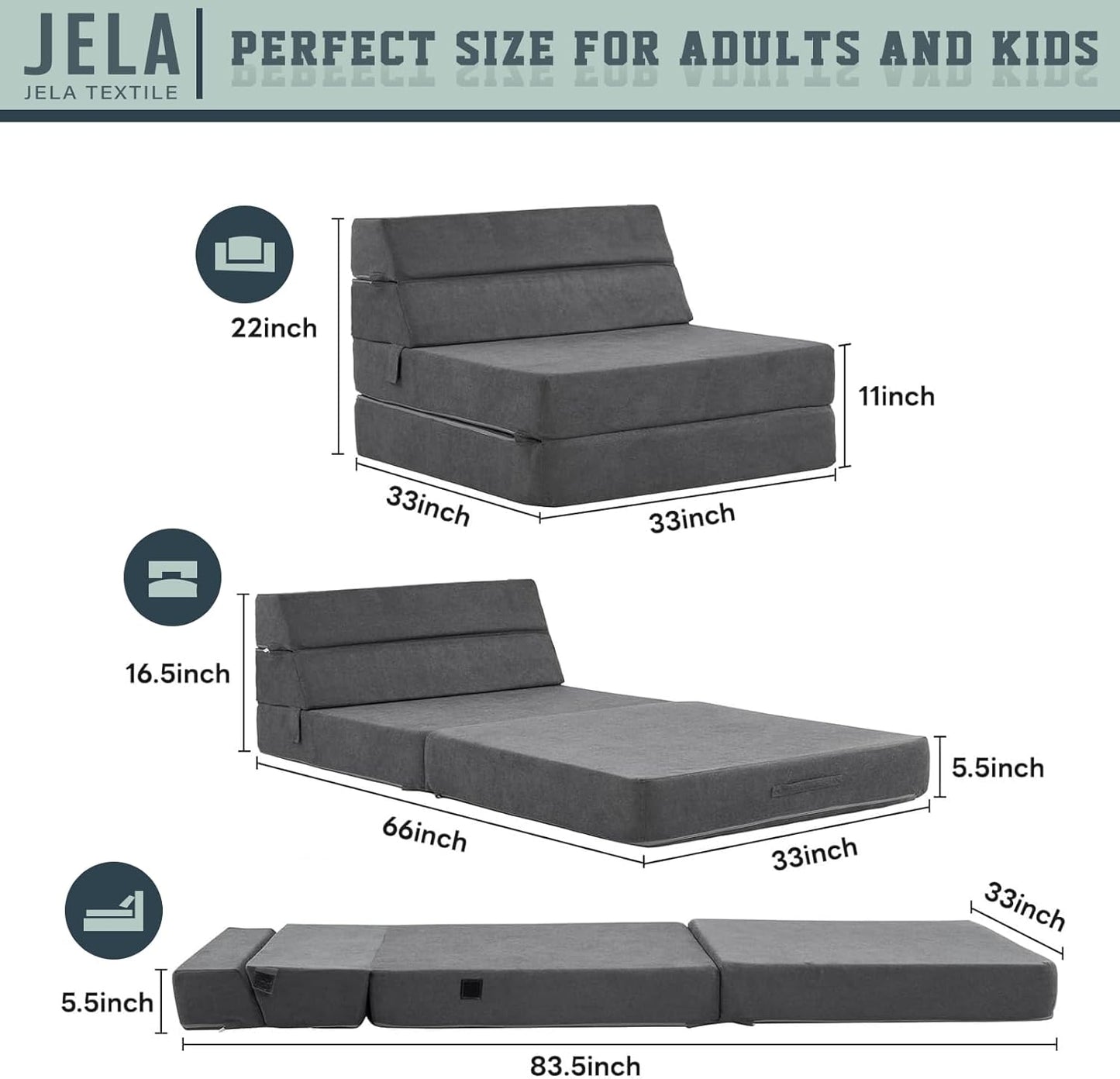 jela Foldable Sofa Bed Large Soft Foam Convertible Sleeper Chair Luxury Corduroy Fabric Fold Out Chair Bed Floor Couch with Back Support Floor Sofa for Living Room Bedroom (83"x33",Darkgrey)