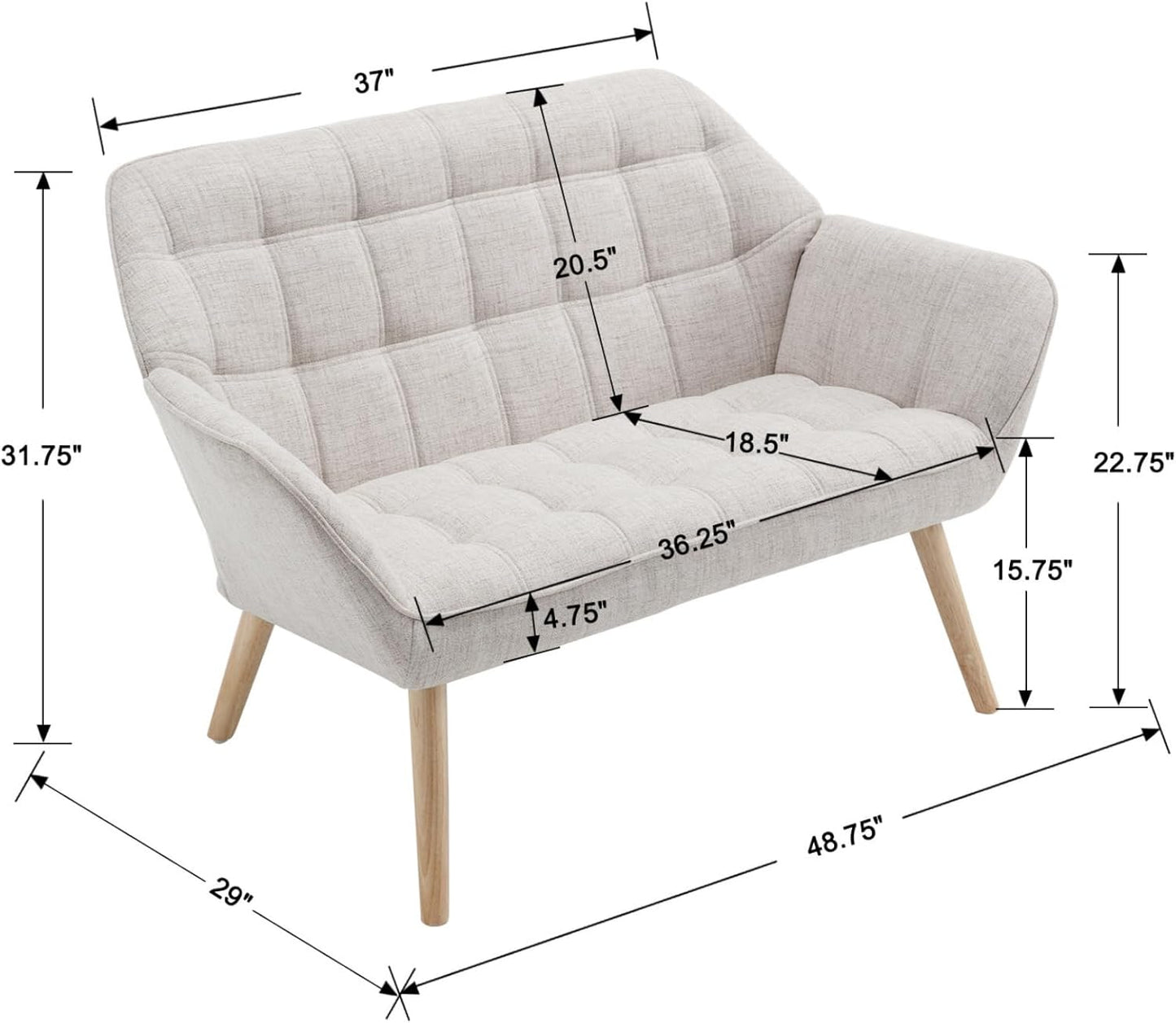 48" Small Loveseat Sofa, Modern Linen Fabric Mini Sofa Couch 2-Seater Love Seat with Quilting Backs and Wood Legs for Living Room, Bedroom and Small Space, Beige