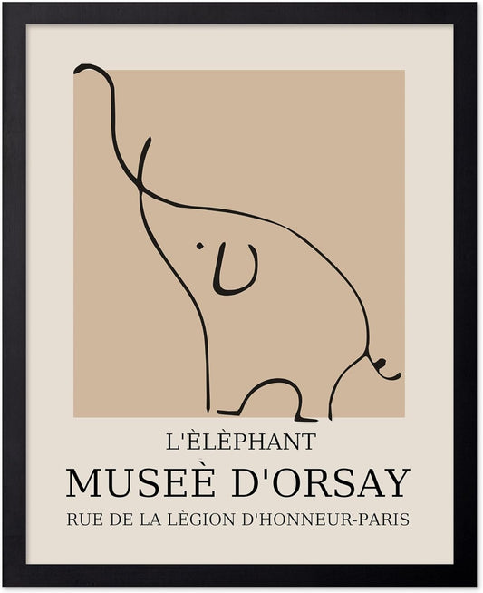 Poster Master Vintage Poster - Retro Minimalist Print - Gift for Artist, Housewarming - Elephant, Line Drawing, Sketch, Abstract - Wall Decor for Living Room, Bedroom, 11x14 Black Framed