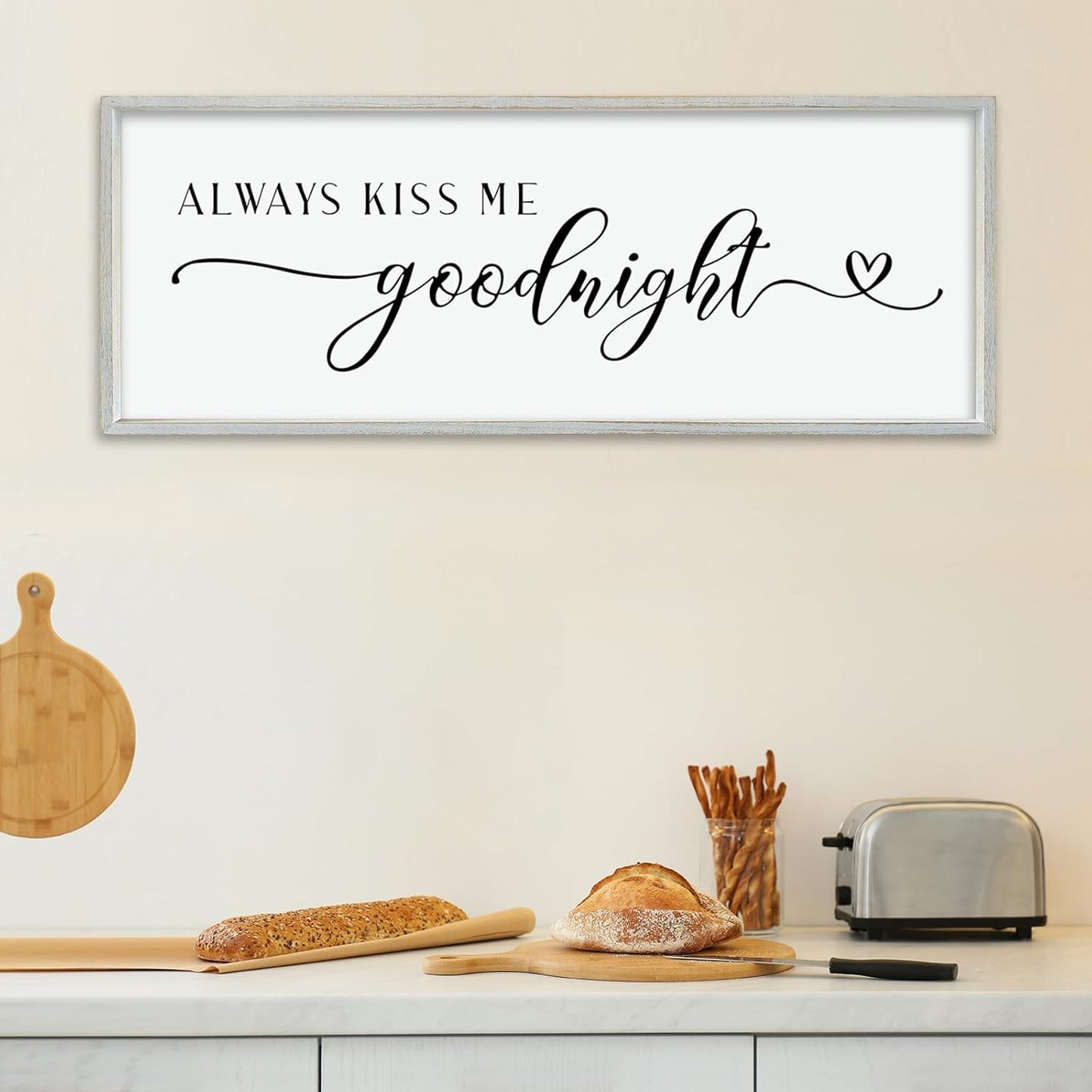 comurdyo Always Kiss Me Goodnight Sign for Bedroom Above bed Wall Decor 40''×15'' Large Wood Frame For Couples Over Bed Hanging Wall Art (White)