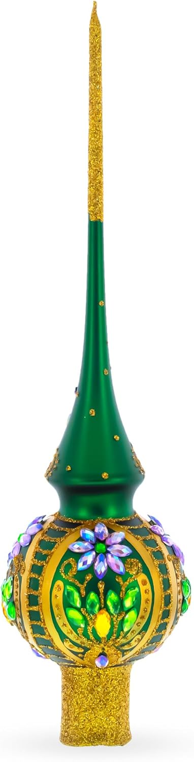 Enchanted Emerald Jeweled Green Blown Glass Christmas Tree Topper 11 Inches