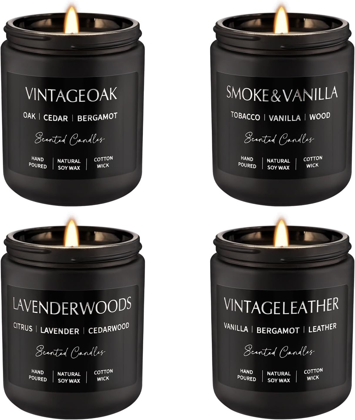 Scented Candles Gift Set - 4 Pack (7oz Each) Soy Wax Aromatherapy Candles with Essential Oils, Smokeless - Leather & Smoke, Vanilla Oakmoss, Lavender - Relaxing Fragrance for Home, Office, Yoga