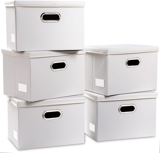 PRANDOM Foldable Storage Bins with Lids [5-Pack] Leather Fabric Collapsible Storage Boxes Organizer Containers Baskets Cube with Cover for Bedroom Closet Office Nursery White (14.9x10.8x10)