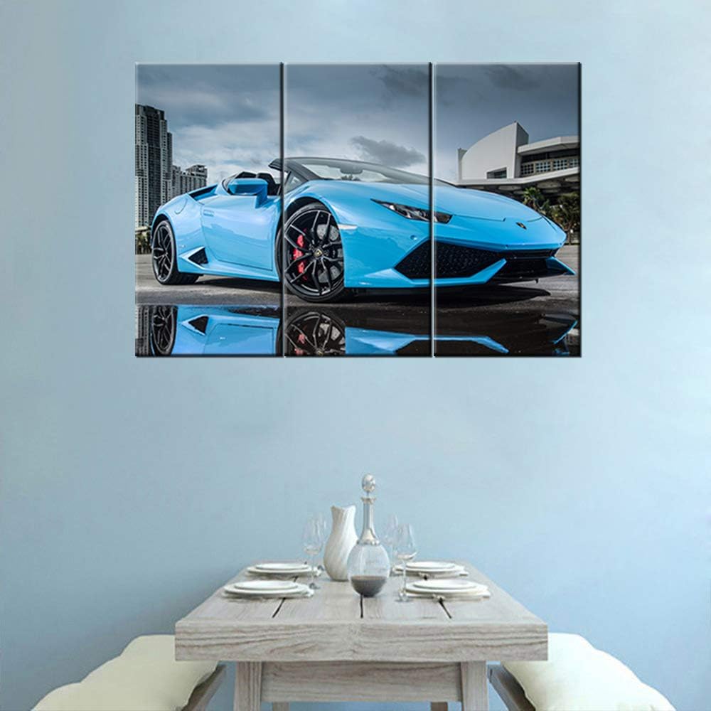 TUMOVO 3 Piece Canvas Wall Art - Panoramic View of LP 610 4 Blue Supercar - Modern Home Decor Stretched and Framed Ready to Hang - 12 x 24 inch x 3 Pieces