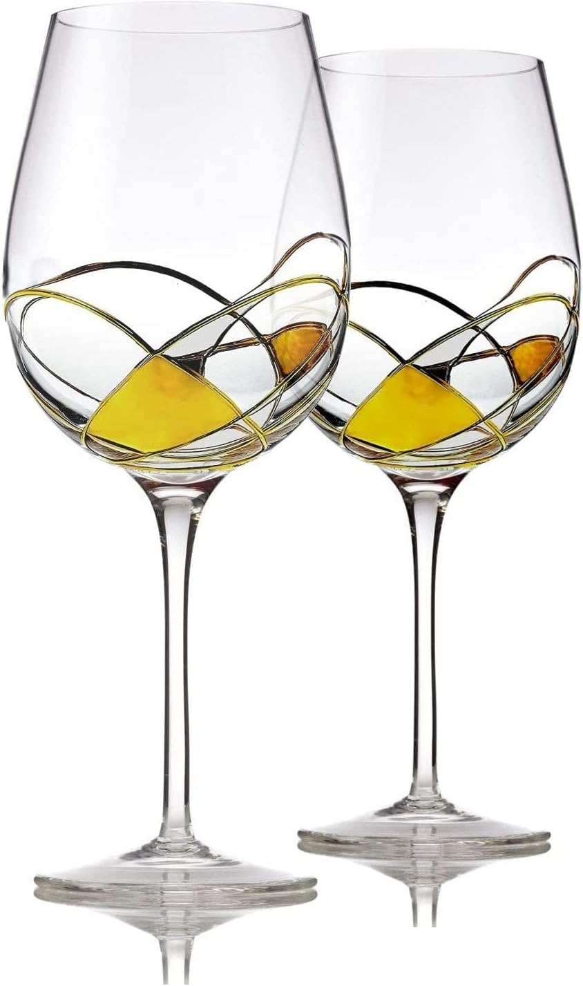 Bezrat Wine Glasses Hand Painted - Set of 2 - Women Wine Gift - Wine Lover Glass - Beautiful Glassware Gifts Ideas for Women Inspired by 'Duomo di Milano' Mothers Day - 12 oz (Gold)