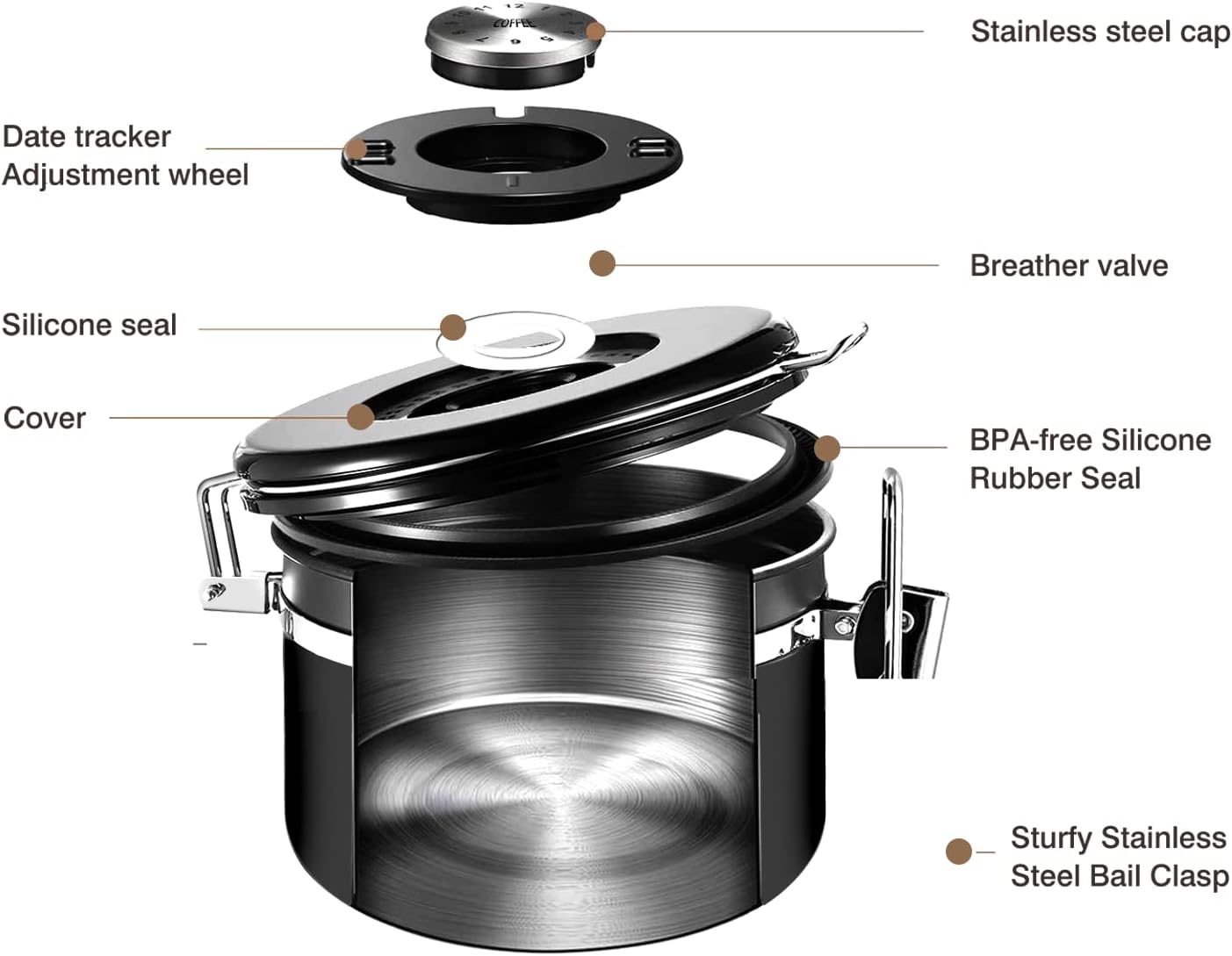 malmo Coffee Canister, Airtight Coffee Container with Date Tracker Lid, Stainless Steel Canister for Kitchen Food Storage (Black, 9oz)