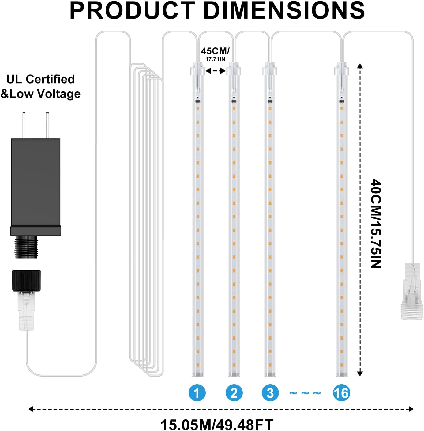 PEMOTech Christmas Lights Outdoor, 16 Tubes 40cm 576 Led Meteor Shower Lights, Waterproof Christmas Decorations Icicle Light for Xmas Tree Halloween Party, Ul Plug,Warm White