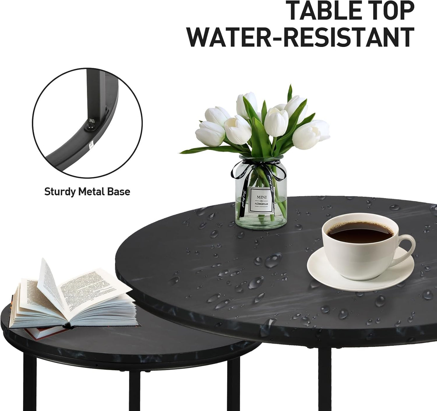 Round Modern Nesting Coffee Table Set of 2,Waterproof Faux Marble Wood Top & Metal Frame and Easy Assembly for Living Room,Office,Balcony (Black+Black