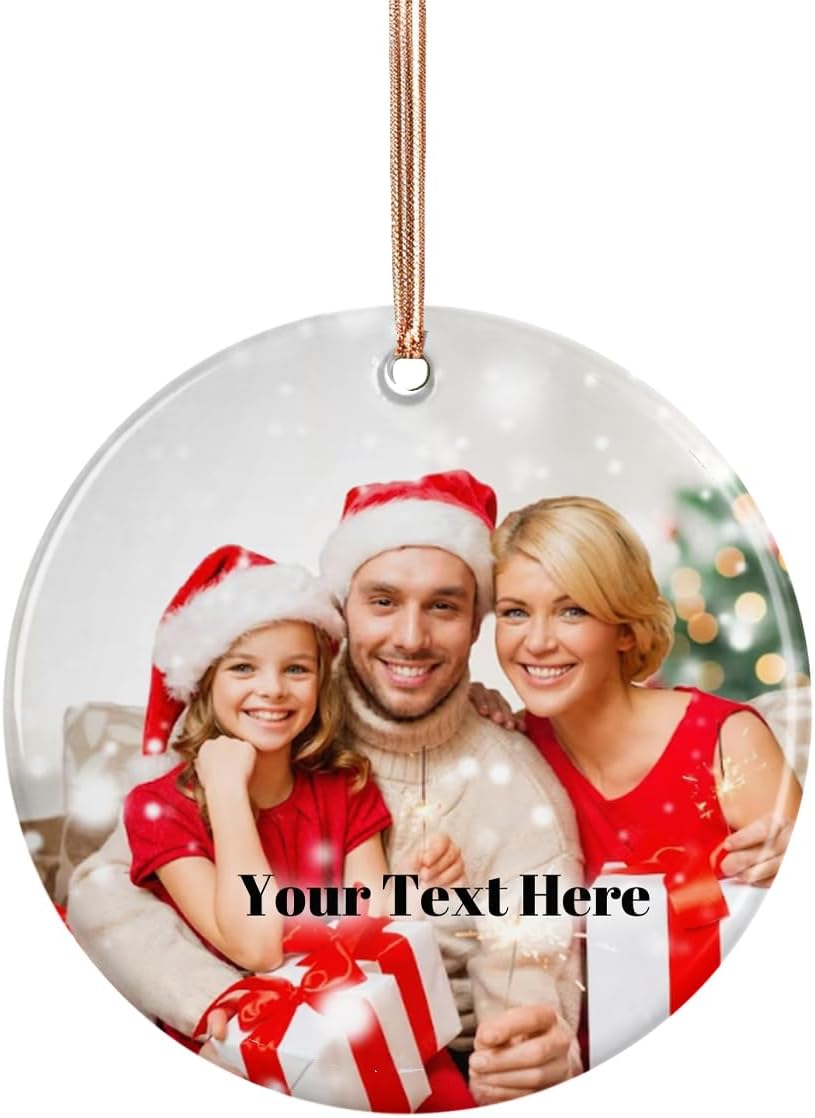 Personalized Christmas Ornaments with Photo and Text, Custom Ceramic Hanging Ornament with Picture for Christmas Tree, Customized Xmas Gift for Parents Family