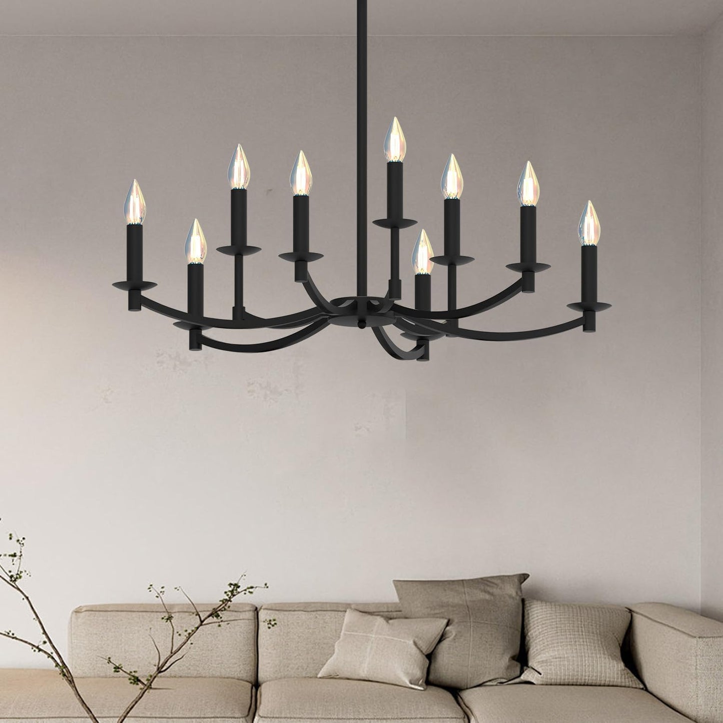 Round Black Chandeliers, Modern Candle Hanging Lights, LED Pendant Lighting Ceiling for Dining Room Bedroom Kitchen Island Farmhouse Living Room (Black-A 9Lights)