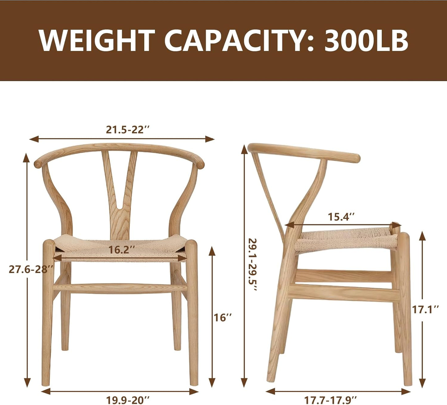Wishbone Chair Natural Solid Wood Dining Chair/Hans Wegner Y Chair Rattan and Wood Accent Armrest Chairs Set of 2 (Ash Wood + Natural)