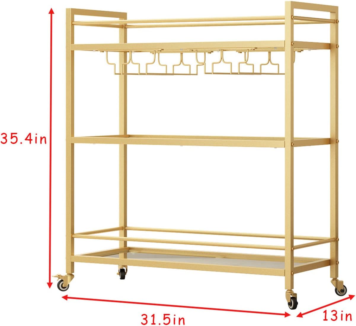 Glass Gold Bar Carts for Home with Hanging Wine Rack - Home Bar Serving Cart with 3 Mirrored Shelves, Kitchen Bar Carts, Wine Cart for Entertaining, Club Party.