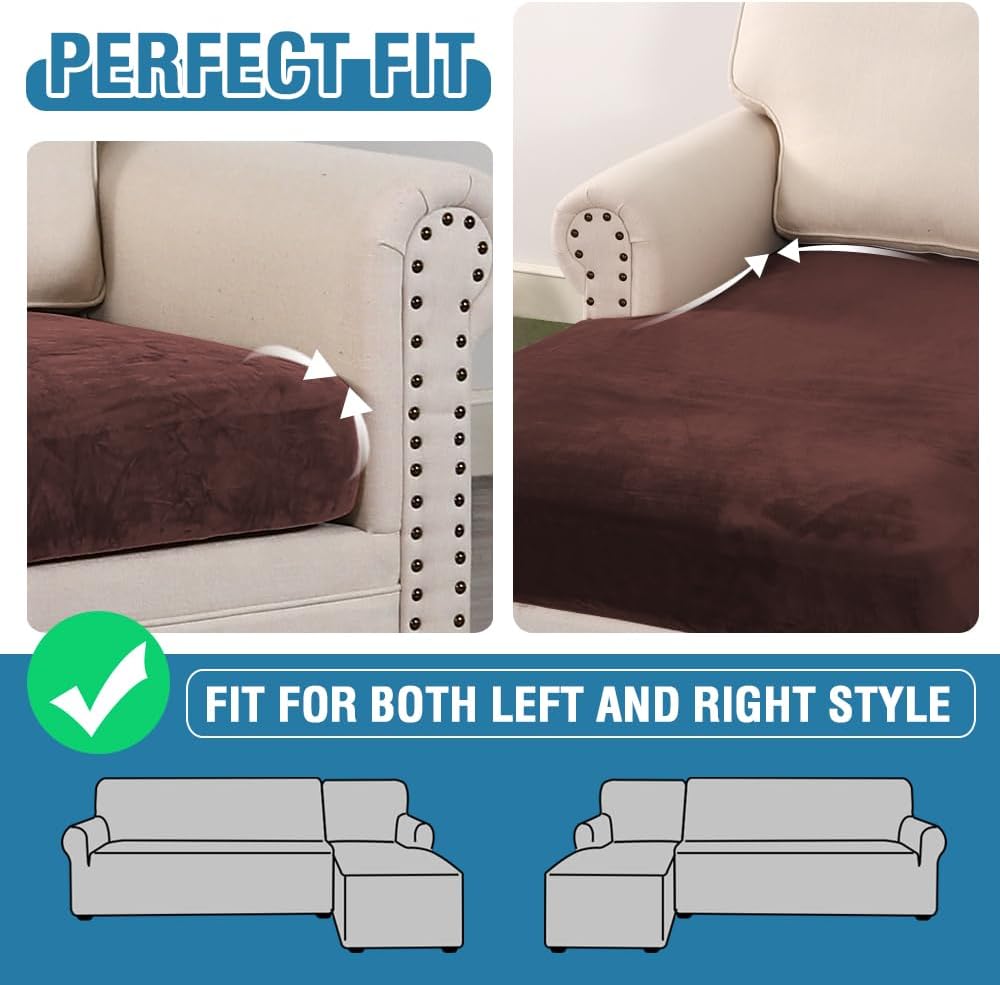 H.VERSAILTEX Velvet Stretch Sectional Couch Covers - 4 Piece L Shape Sofa Seat Cushion Set for 3 Seater + 1 Chaise (Brown)