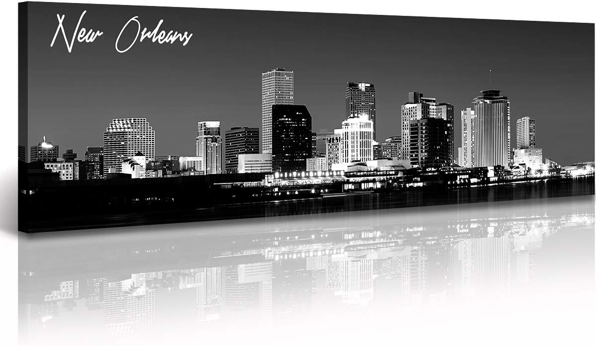 DJSYLIFE New Orlean Canvas Wall Art Decor City Skyline Pictures Poster Artwork Black and White Panorama Cityscape Painting for Bedroom Office Living Room Decoration Ready to Hang 13.8"X47.3"