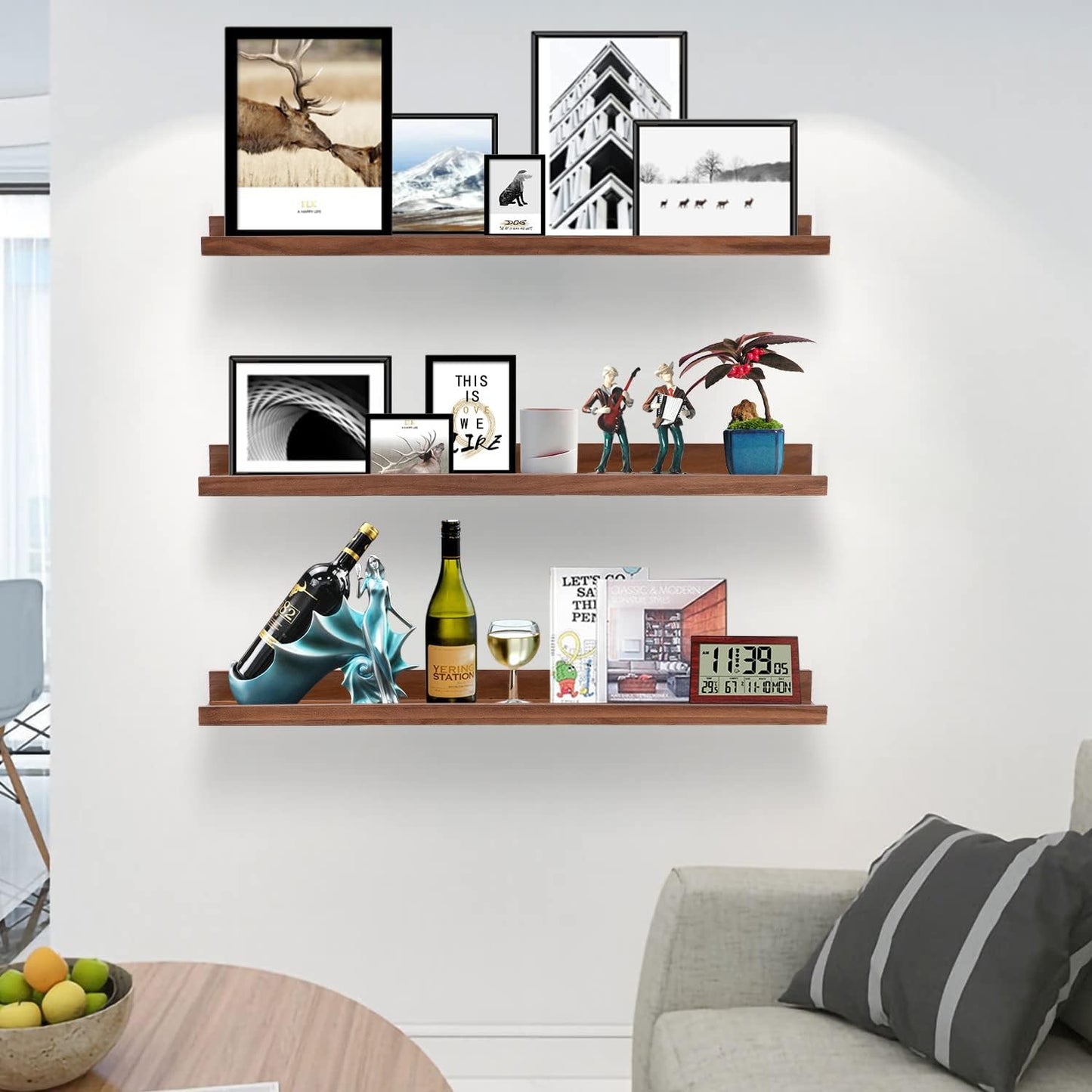 AZSKY Floating Photo Shelves Fair Light Walnut 24 Inch Picture Ledge for Storage Wall Book Shelves Hanging Picture Photo Frame Ledge Shelves with Lip a Set of 3 Same Sizes Kitchen Spice Rack