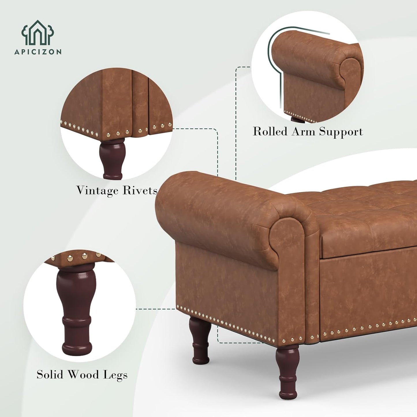 Apicizon 60”Ottoman with Storage, Queen Size End of Bed Storage Bench with Tufted Button, Upholstered Sitting Bench for Front Door Entrance,Bedroom,Dining Room, Entryway，Vintage Brown