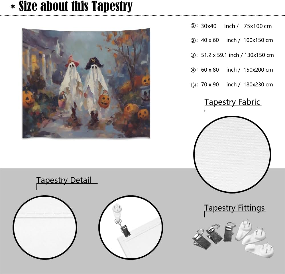 Funny Halloween Ghost Tapestry Wall Hanging Cute Kids Nursery Room Decor Trick or Treat Art Print Goth Fall Pumpkin Ghost Tapestries for Living Room Bedroom wall Decor 30x40inch