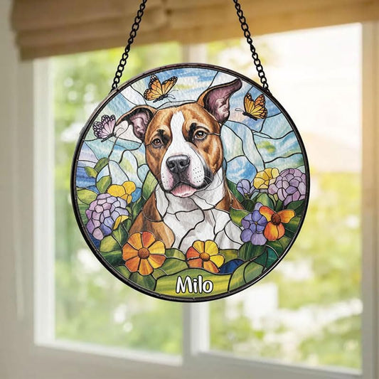 Custom Stained Glass Dog Portrait with Pet Name, Personalized Window Hanging, Pet Loss Memorial Gift, Unique Keepsake Decoration for Dog Lovers