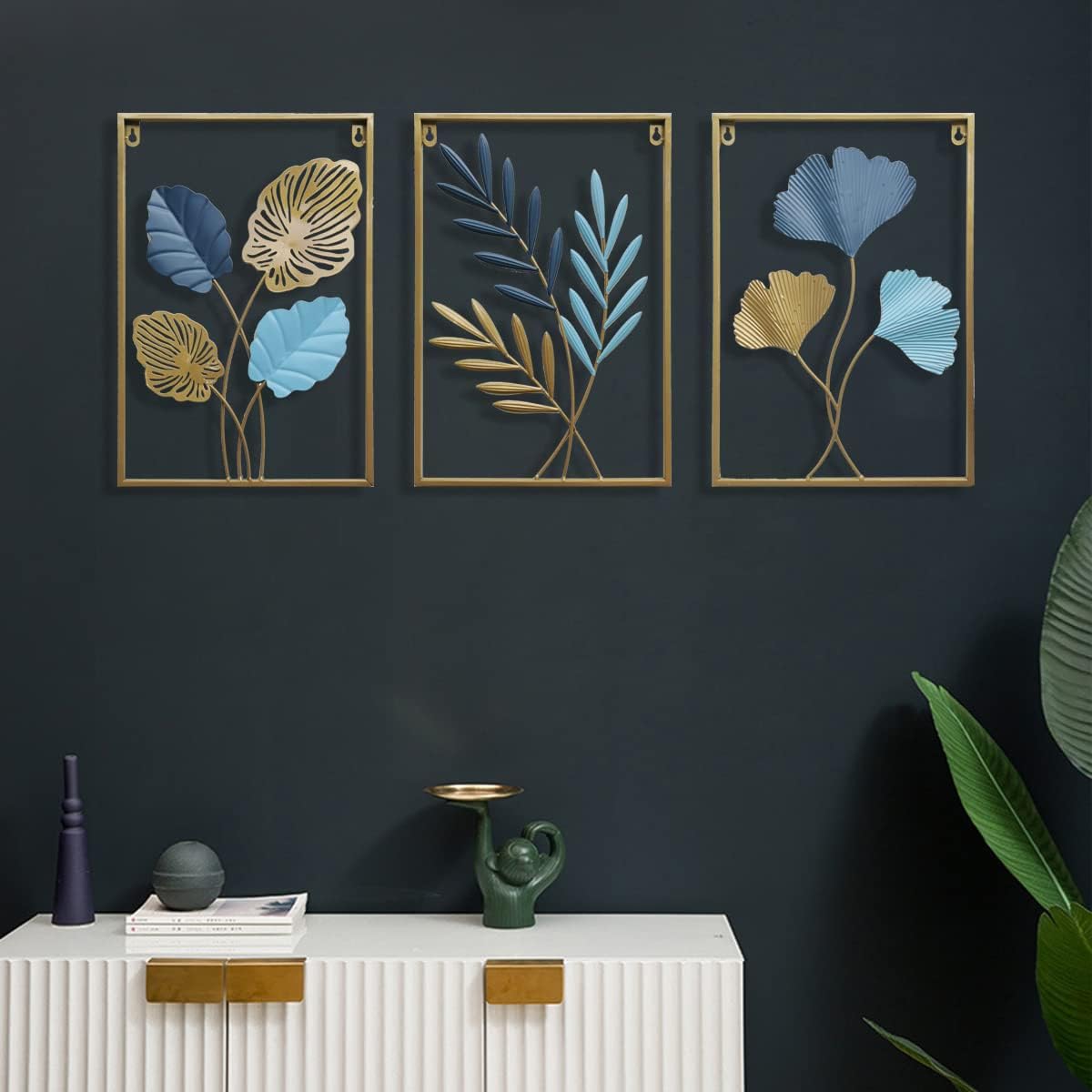 MKUN Iron Wall Sculptures - Large Set of 3 rectanglar Metal Wall Decor with Ginkgo Biloba Art Great for Home Hotel Decoration (Gold Blue)