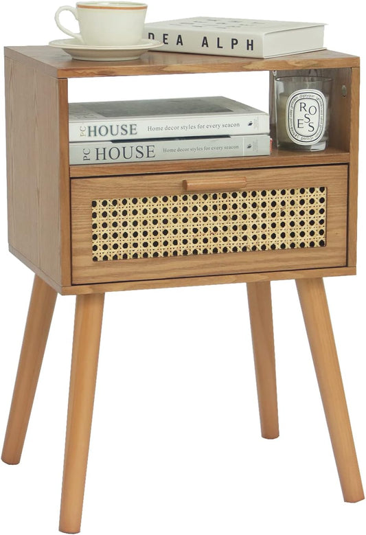 MaxSmeo Mid Century Modern Nightstand with Drawer, Small Nightstand Bedside Table, Rattan Nightstand, Wood End Table for Bedroom, Living Room (Brown)