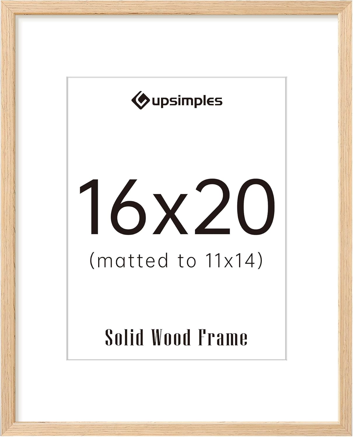 upsimples 16x20 Frames, Natural Solid Wooden Picture Frames, Display 11x14 with Mat or 16 x 20 Without, Vertical or Horizontal Wall Hanging, 1 Pack, Natural