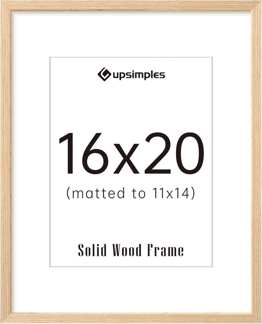 upsimples 16x20 Frames, Natural Solid Wooden Picture Frames, Display 11x14 with Mat or 16 x 20 Without, Vertical or Horizontal Wall Hanging, 1 Pack, Natural