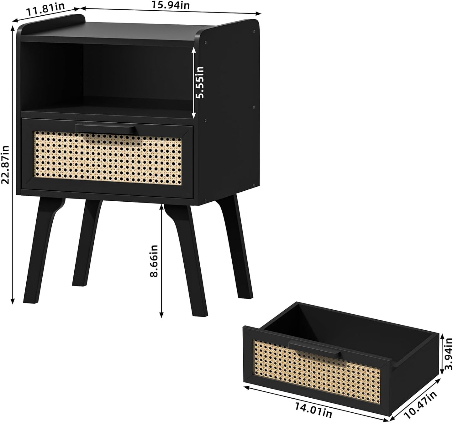 Lerliuo Rattan Nightstands Set of 2, Bedside Table with Drawer Open Shelf, Cane Accent Side End Table with Solid Wood Legs, Black Mid Century Night Stand for Bedroom, Dorm and Small Spaces
