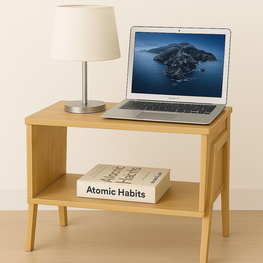 Bamboo End Table for Living Room – Low Side Table with Storage Shelf, Minimalist Accent Table with Natural Wood Finish, Small Modern Nightstand for Sofa or Couch Side