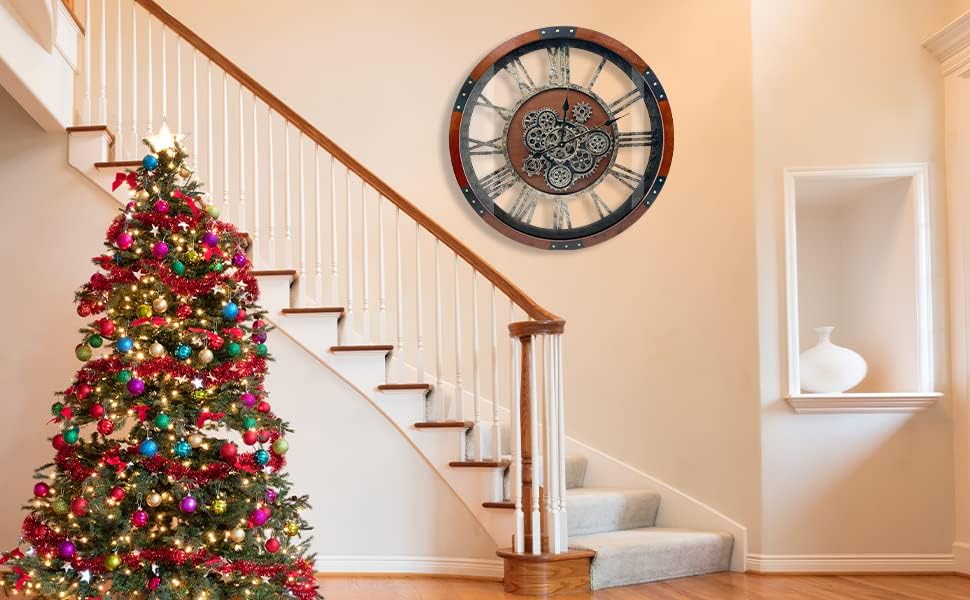 DORBOKER 24" Original Moving Gears Wall Clock, Large Industrial Wall Clock for Living Room Decor,Oversized Wood Vintage Farmhouse Steampunk Rustic Clocks for Wall Decor,Black Walnut