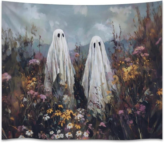 Halloween Ghosts in Wildflowers Tapestry Wall Hanging Spooky Cute Ghost Floral Tapestries Victoria Moody Artwork Aesthetic Print for Goth Living Room Bedroom wall Decor 70x90inch