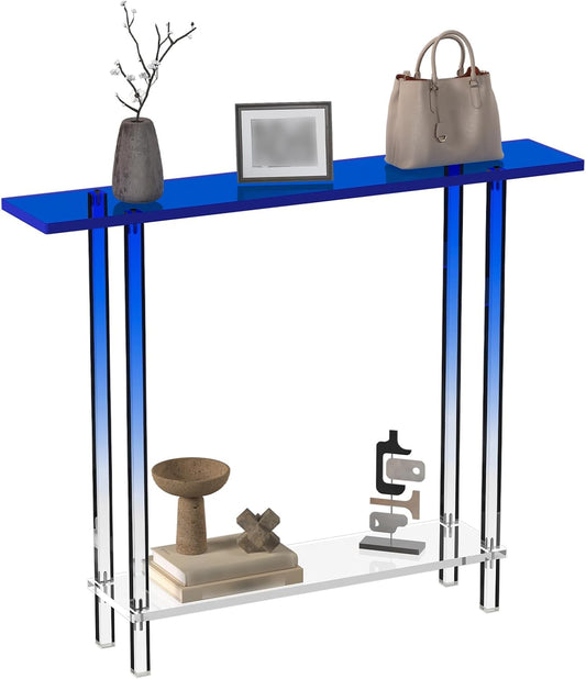 HMYHUM Narrow Acrylic Console Table, with Transparent Gradient Blue Square Legs, 7.6" Width, 2-Tier Clear Entryway Table for Hallway, Foyer, Sofa, Living Room, 39.4" L x 31.5" H