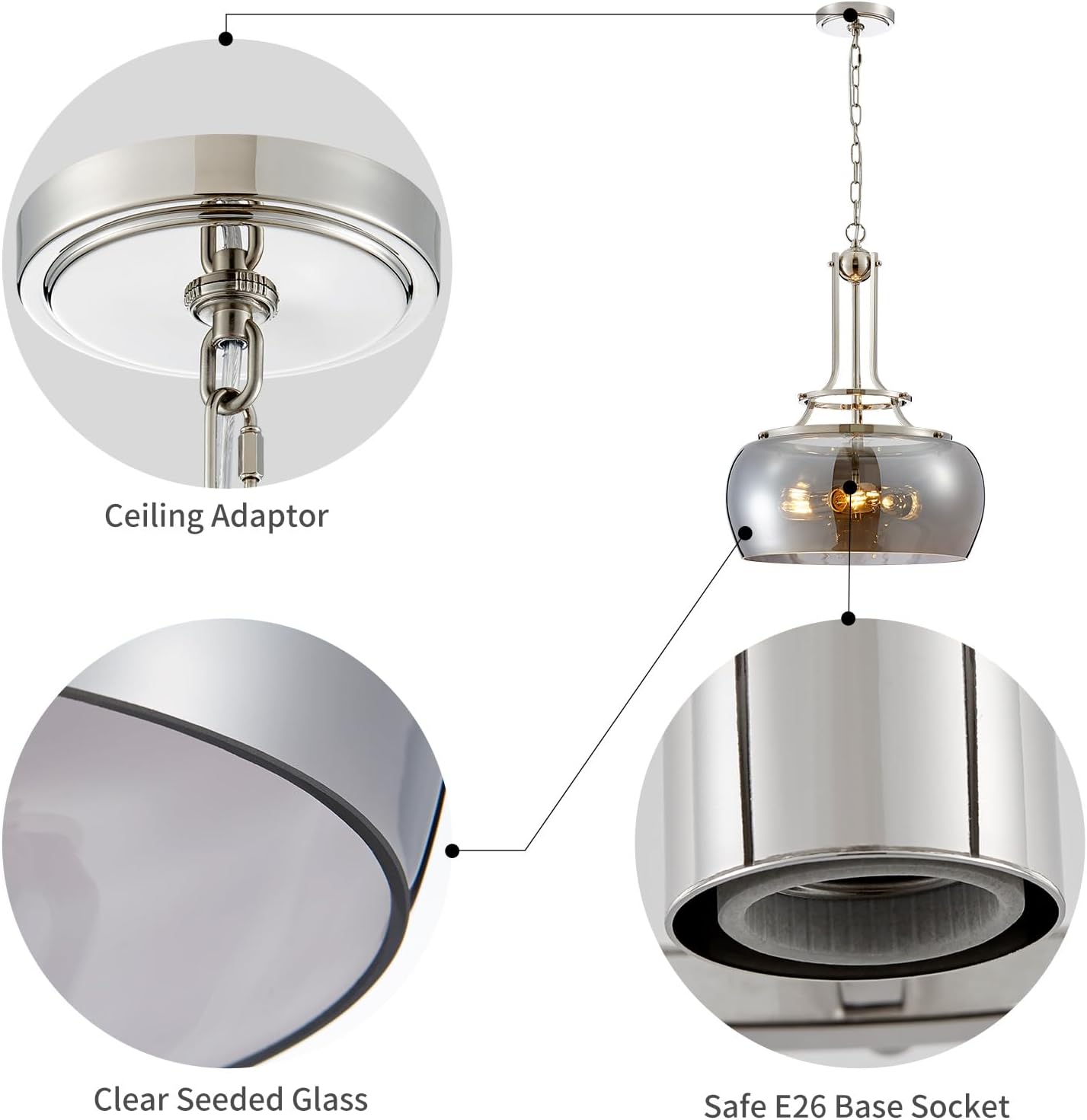 WUZUPS Nickel Chandelier Rustic Farmhouse Industrial Round Ceiling Pendant LED Light Fixture Electroplated Gray Glass Shade for Dining Room Kitchen Island Foyer Entryway, H 20.9" W 15.9", E26 Base