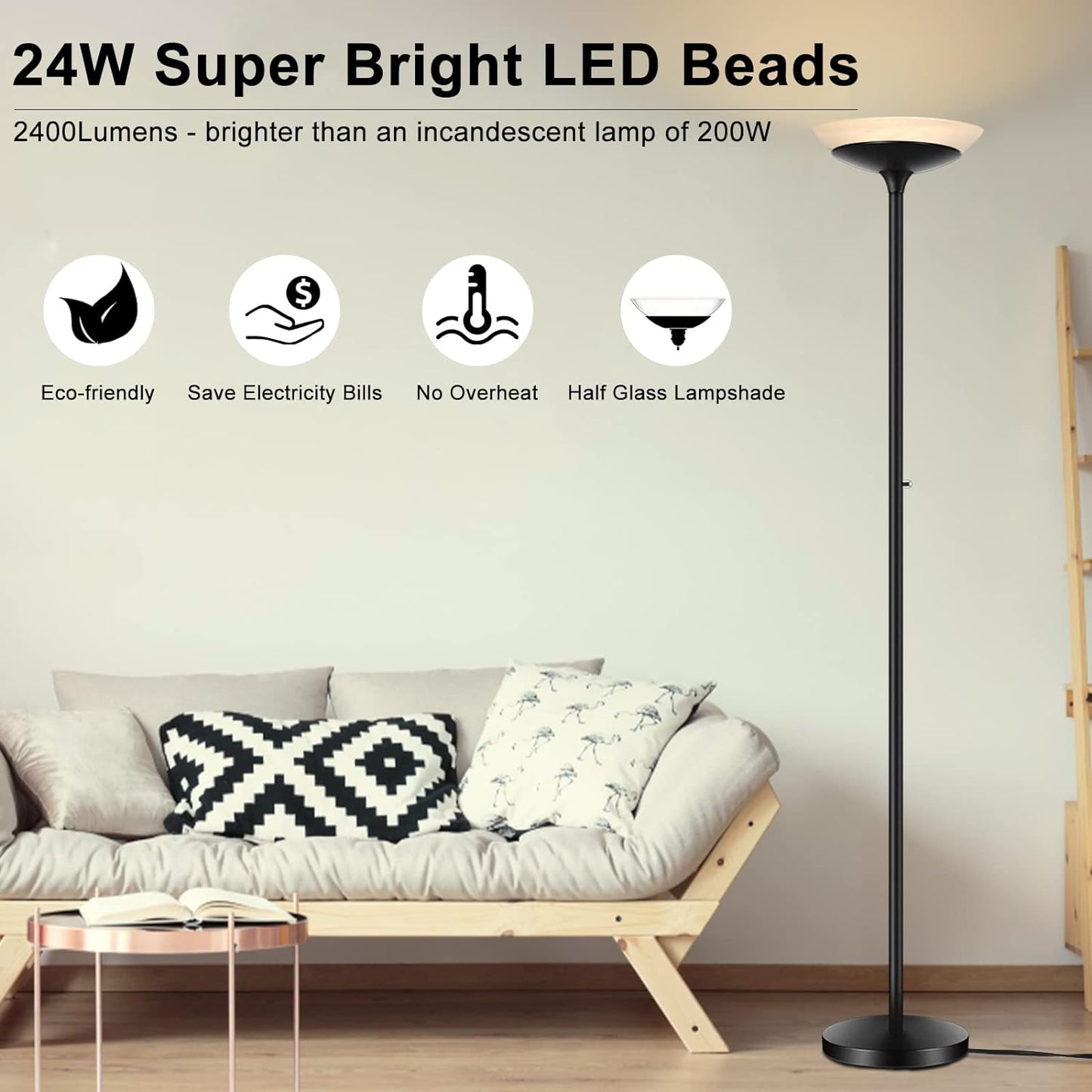 BoostArea Torchiere Floor Lamp, 30W Super Bright LED Standing Lamp, Stepless Dimmable Pole Lamp with 3000K Lighting, Rotary Switch, 70 Inch Tall Metal Modern Floor Lamps for Living Room/Bedroom Black